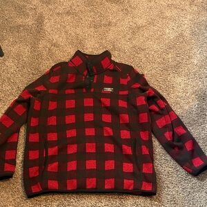L.L. Bean Women's Red and Black Checkered Cowl Sweater